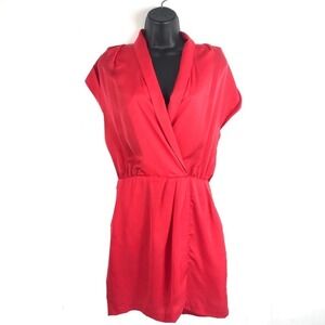Womens Red V Neck Flutter Sleeve Satin Mini Dress Valentines Day Romantic